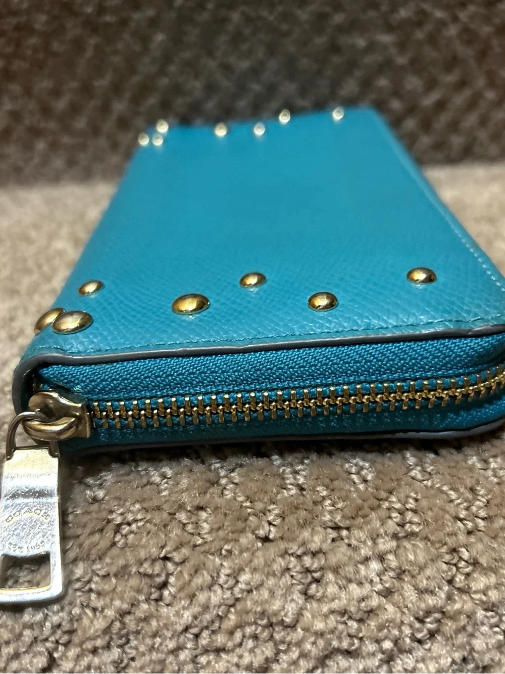AUTHENTIC COACH Studded Zip Around Long Wallet Leather Teal Turquoise Accordion - Picture 3 of 8